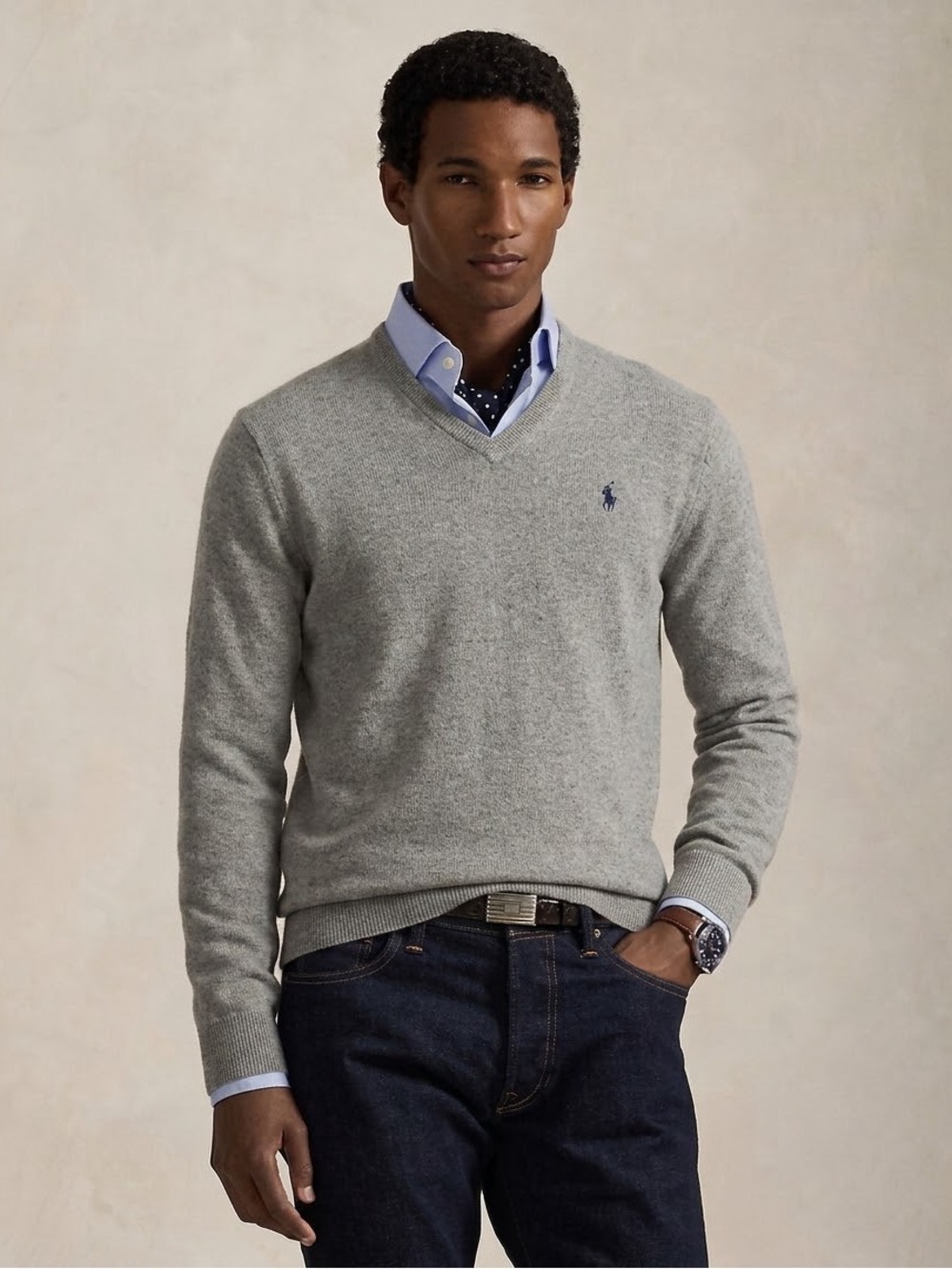 RALPH LAUREN Men's V-neck Pima Cotton Long Sleeve Sweater - Taupe, Medium